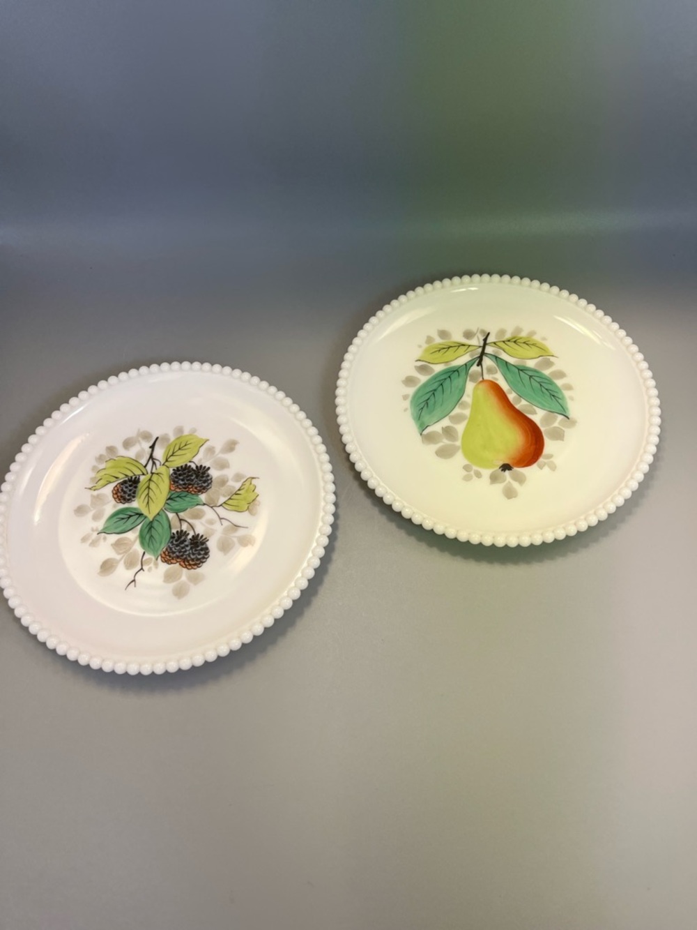 2 VTG Westmoreland Milk Glass Beaded Edge Flowers 7.25" Plates Cottage Luncheon